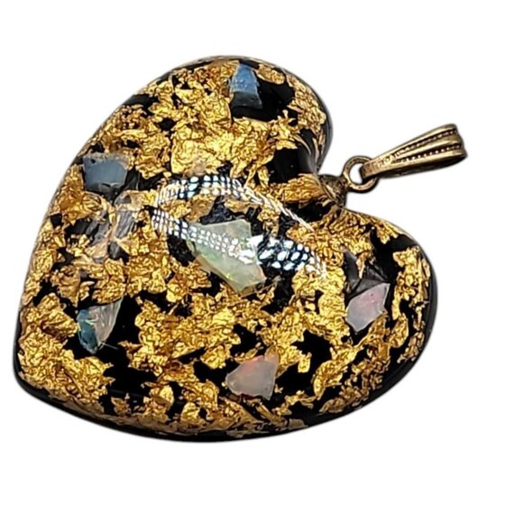 Heart Shaped Floating Gold MOP Pendant Translucent Semi Precious Flakes - Picture 6 of 7